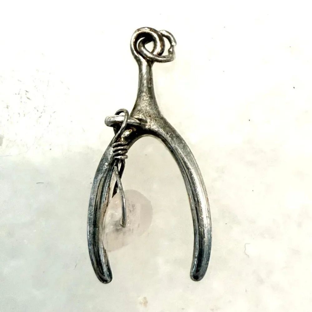 Sterling Silver Wishbone Rose Quartz Wire Wrapped Charm Pendant